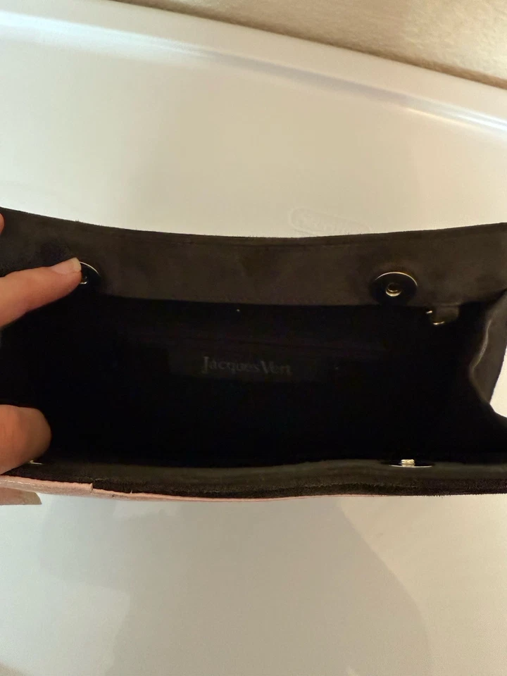 Jacques Vert Dark Green Suede Clutch Bag Purse Pink Leather Trim Snap Closure - Image 3 of 4
