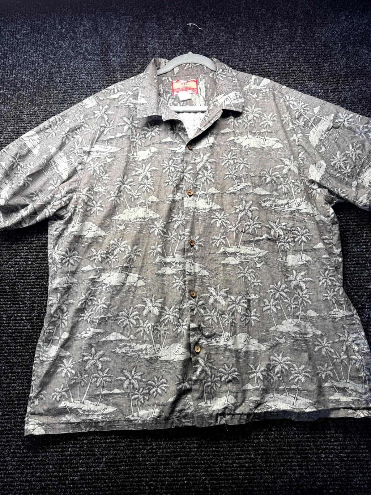 Vintage RJC Hawaiian Shirt Mens 3XL Gray Palm Tree Beach Camp Collar Button Up