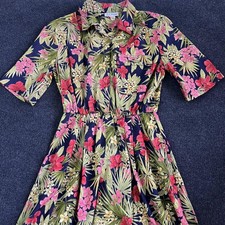 Vintage S.L. Petites Dress Womens 16 Navy Tropical Floral Shirt Midi Hawaiian