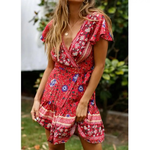 Floral Wrap Short Ruffled Short Sleeve V-Neck High Waist Flared A-Line Dress - Picture 7 of 7