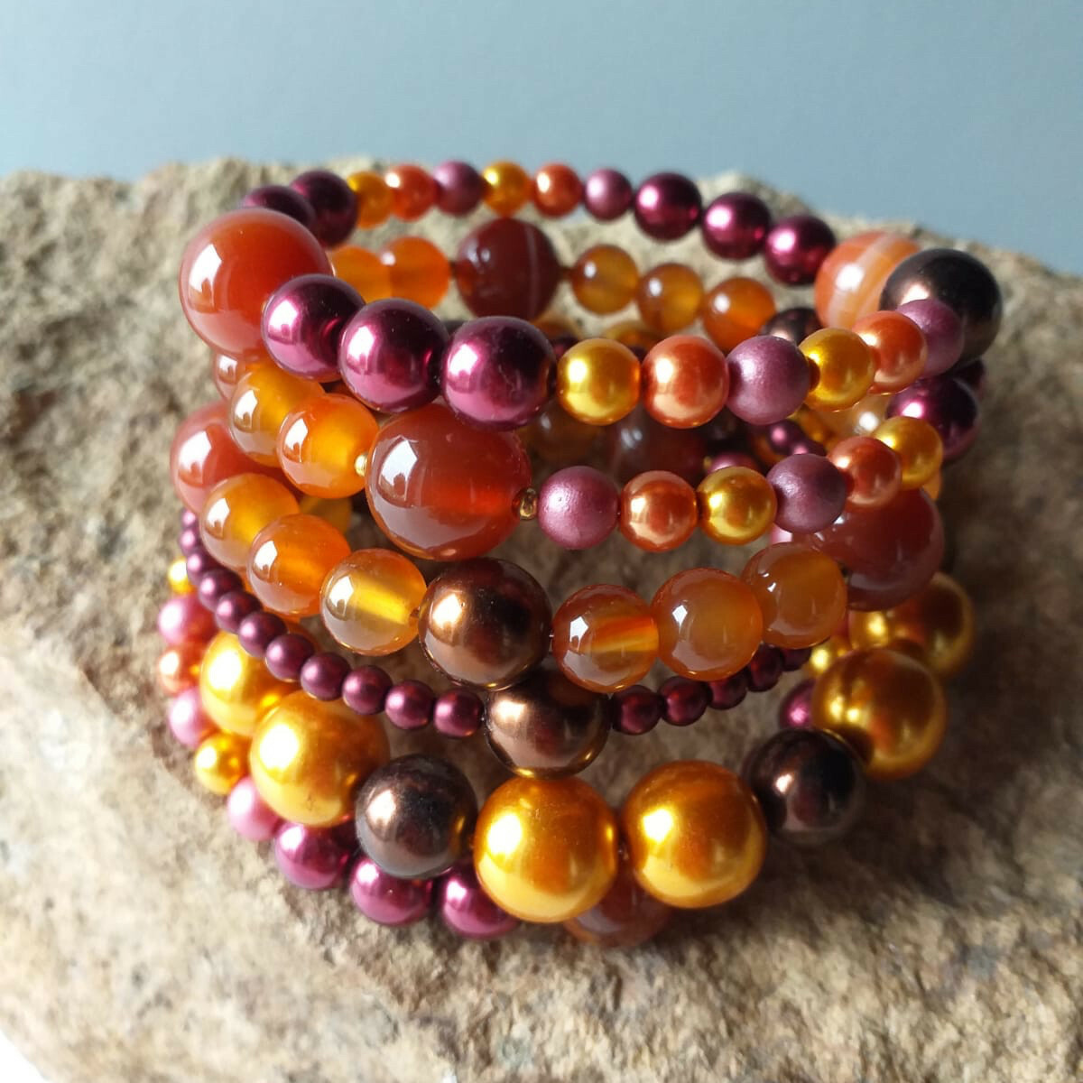Bracelet multi rangs en cornaline naturelle et agate rouge pour femme