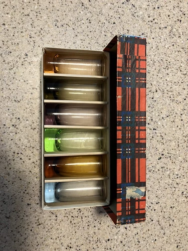 Mid Century Modern Napco Shot Glass set Of 6 In Original Box Multi Colors