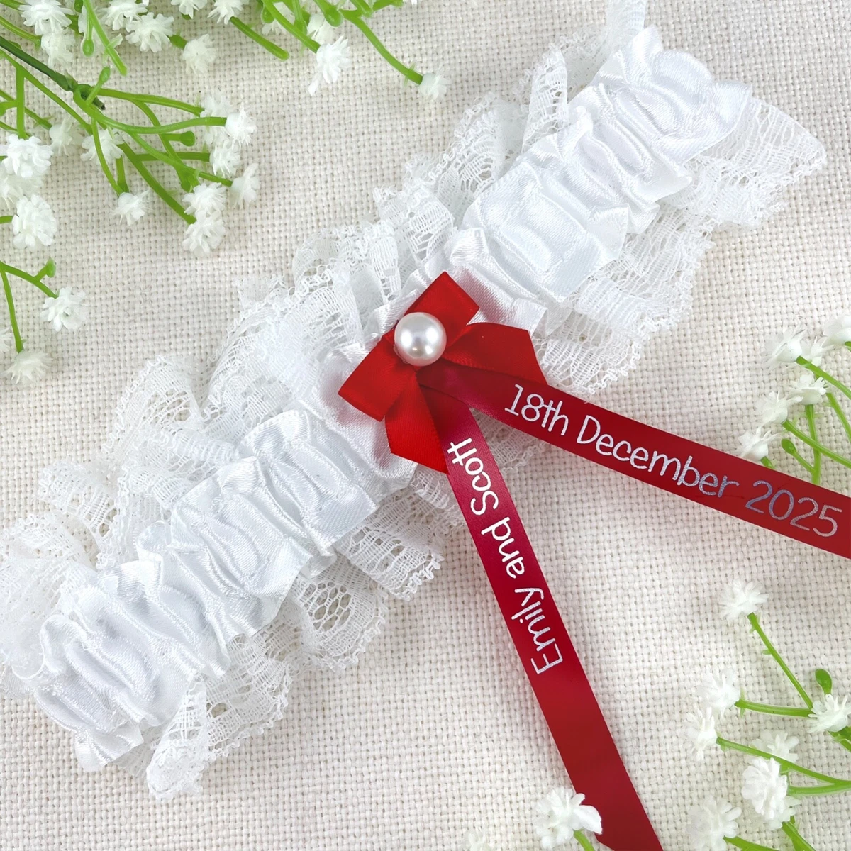 White Lace Bridal Garter Set With Red Bows (2 Pack)