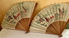 Vintage Hand Fans Hand Painted Bamboo Paper Marked Taiwan 10-1/2" Set of 2