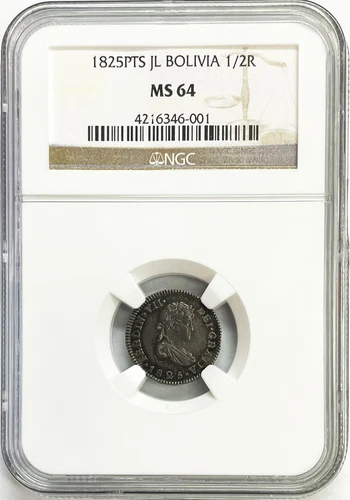 1825 PTS JL SILVER BOLIVIA 1/2 REALES FERDINAND VII COIN NGC MINT STATE 64