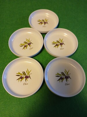 Xcell Melamine Plastic Dipping Oil Sauce Dishes White w/ Olives 4'' Set Of 5