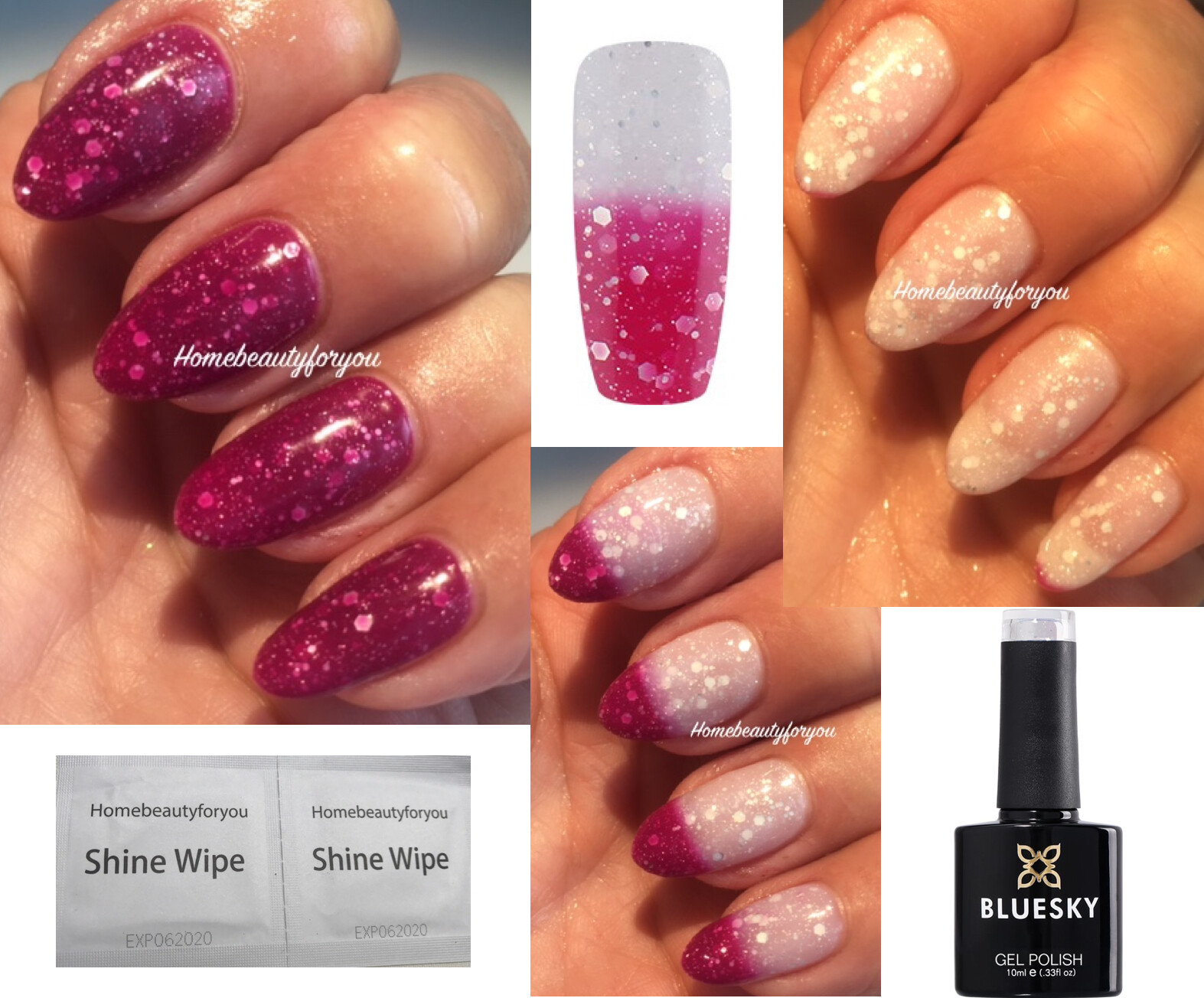 BLUESKY NAIL GEL POLISH PINK GLITTER 2 WHITE GLITTER COLOR CHANGE UV LED SOAK OF