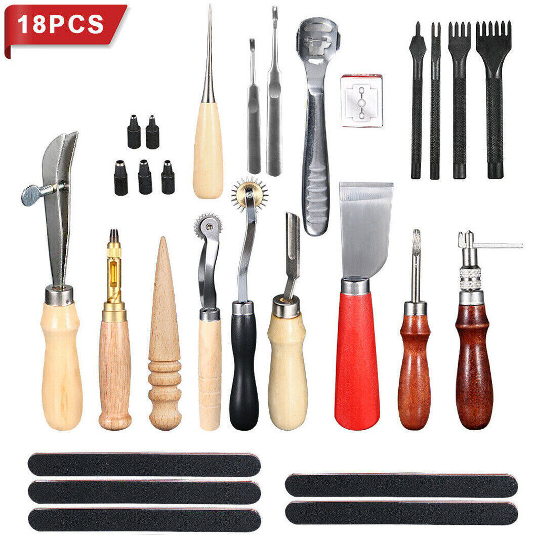 18Pcs Leather Craft Tool Kit Carving Working Set Punch Stitching Sewing ...