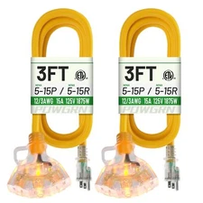 3 FT 2 Pack 12/3 Gauge Extension Cord with Multiple Outlets Outdoor 3 Outlet ...