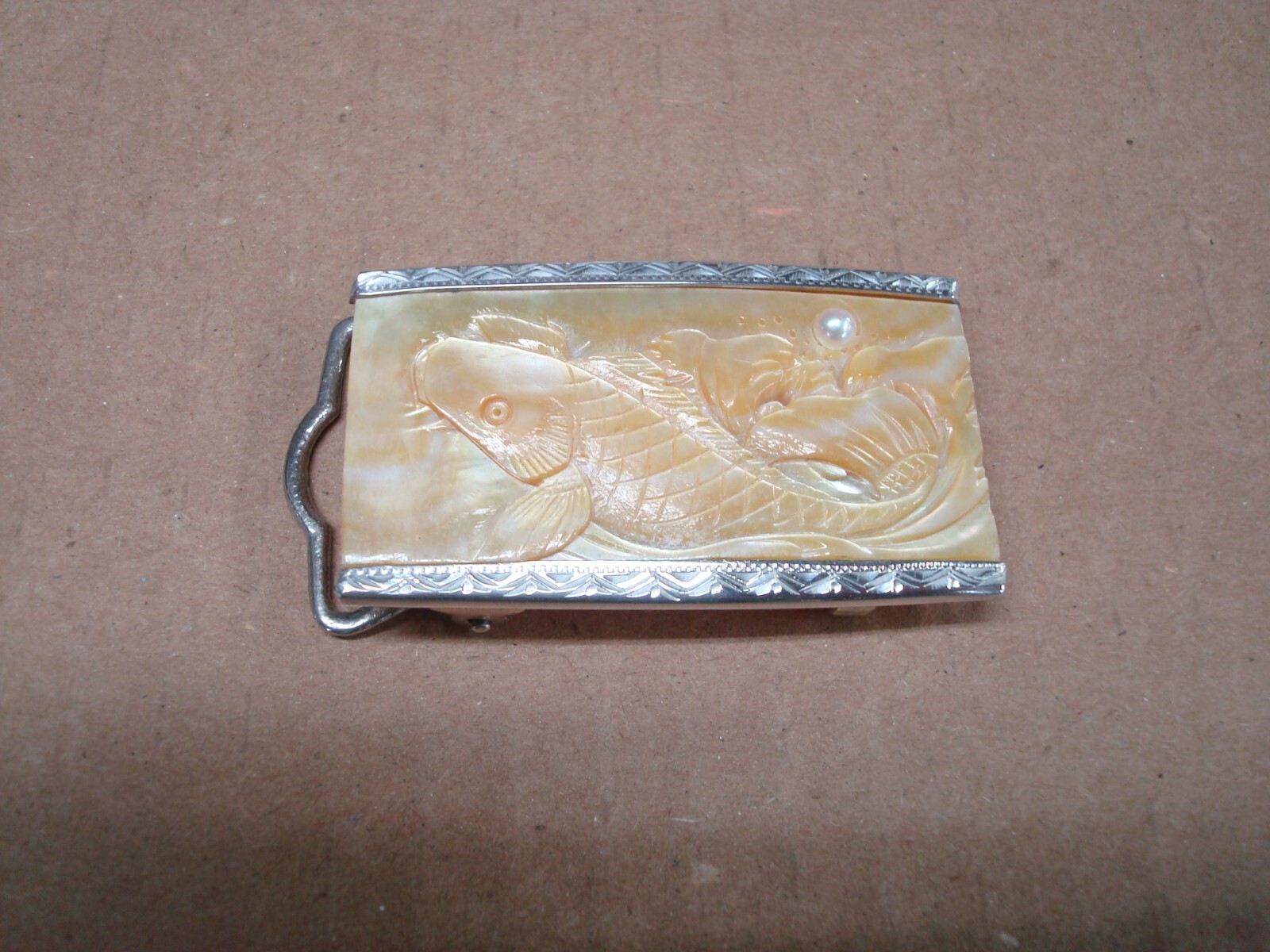 Vintage Carved Mother Of Pearl & Engraved Silver Belt Buckle, Koi Fish
