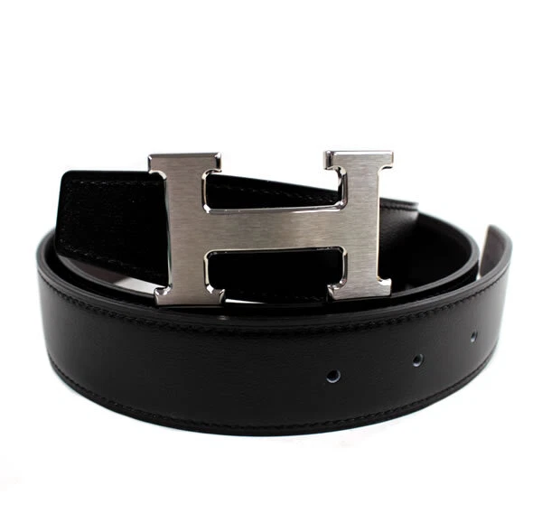 HERMES Belt Constance Reversible H Buckle Leather Black Brown Silver 90  size Men