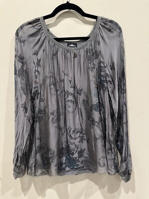 Anthropologie LE MARAIS gray 100% silk long sleeve blouse floral Small 2790