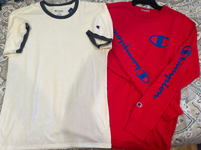 2 Champion Athleticwear Mens Shirts Red L/S NWOT & Off-white S/S NWT Size M