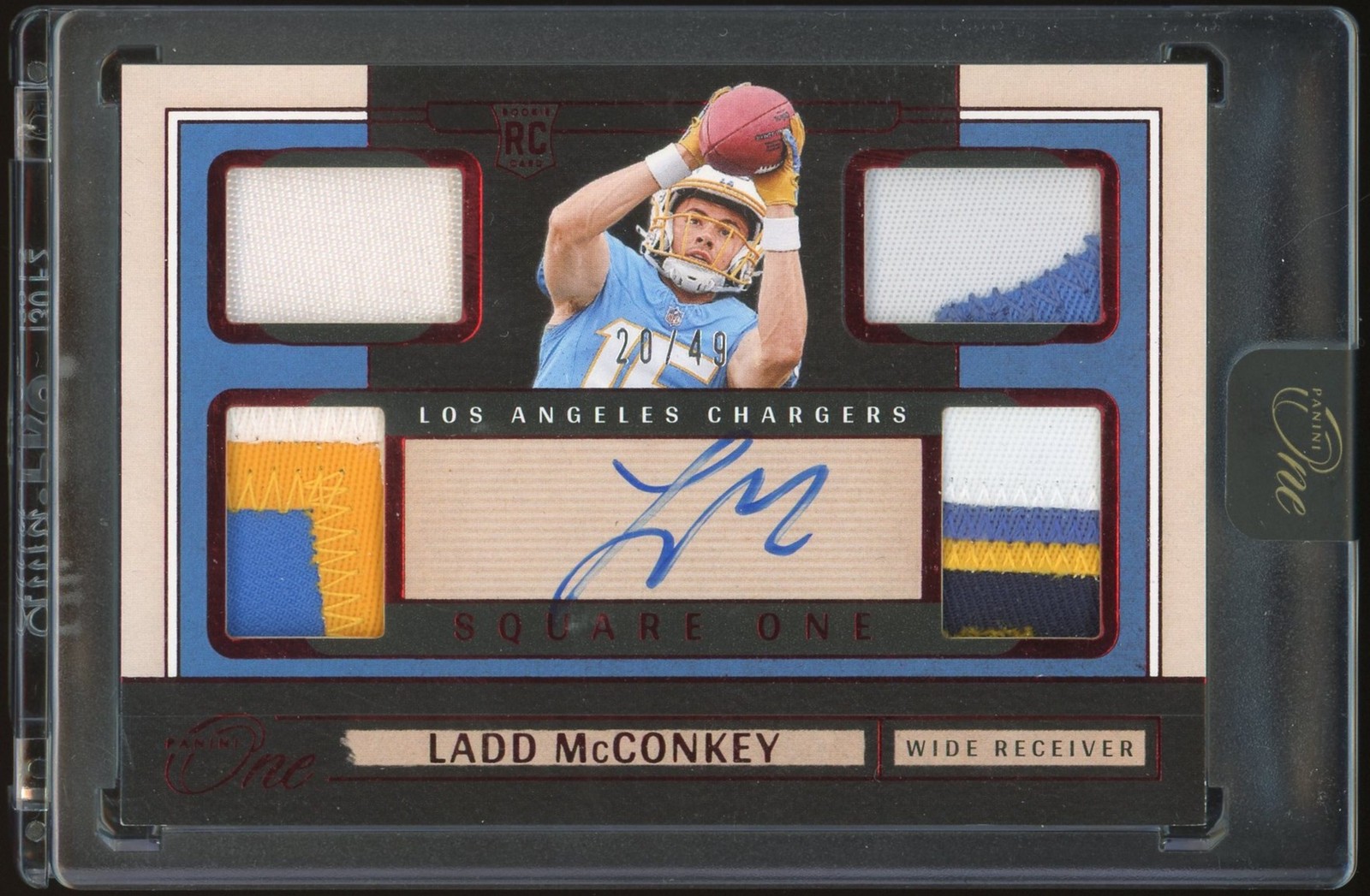 2024 Panini One Ladd McConkey Rookie Patch Square One Red Auto /49 #69 Chargers