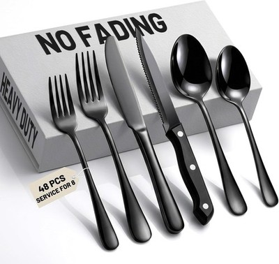 NO-FADING Black Silverware Set with Steak Knives - KIKCOIN 48 PCS Food-Grade