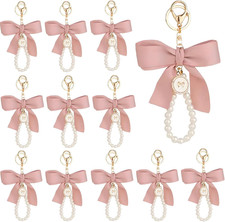Bow Pearl Keychain, Bag Charm with Ribbon and Faux Pearls, Cute Metal Key Ring f