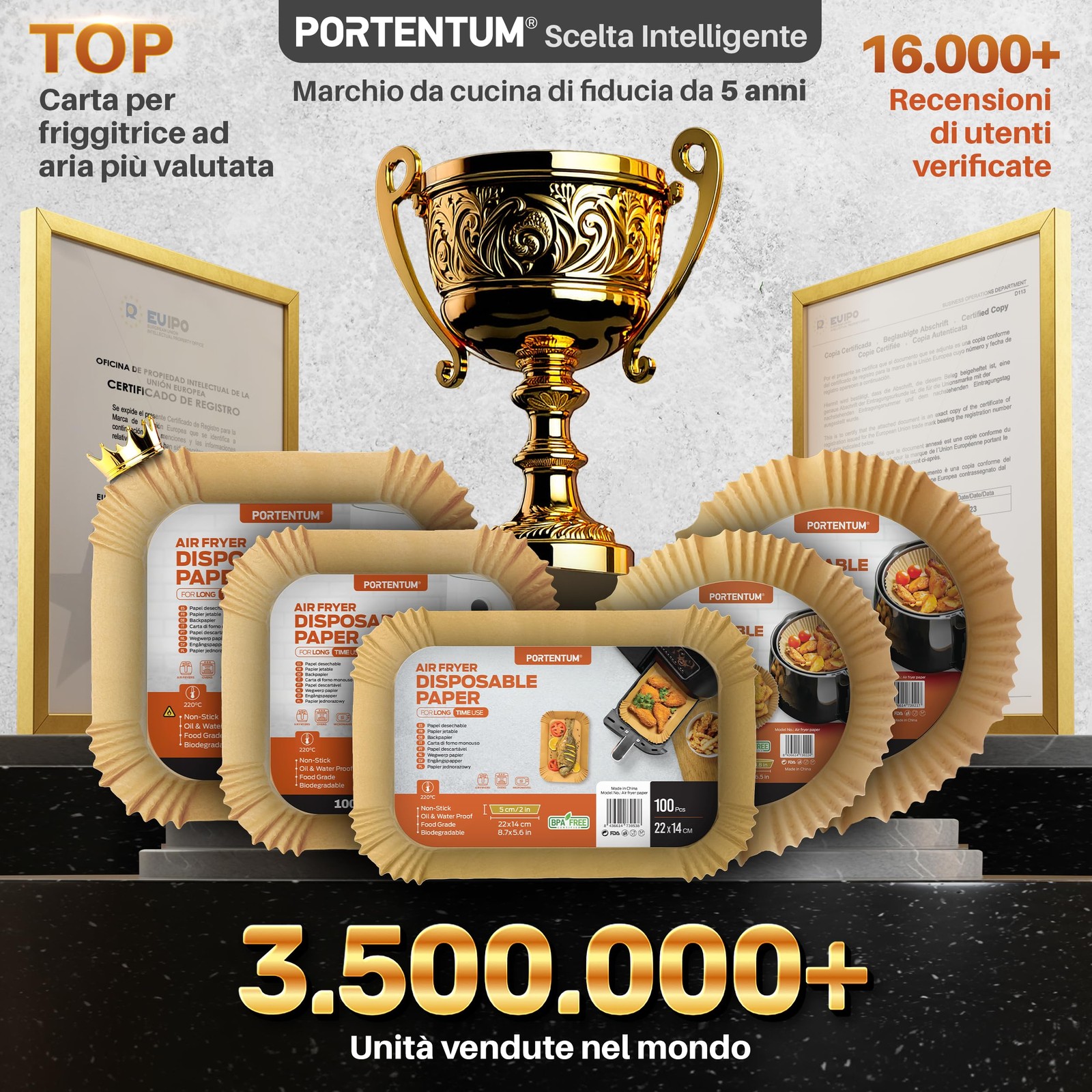 PORTENTUM Carta forno per friggitrice ad aria 100 unità quadrate 20–24 cm adatte foto 3