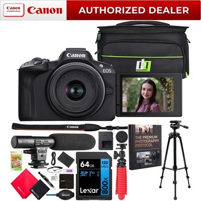 Canon EOS R50 Mirrorless Camera Black + 18-45mm F4.5-6.3 IS STM Lens Pro Bundle