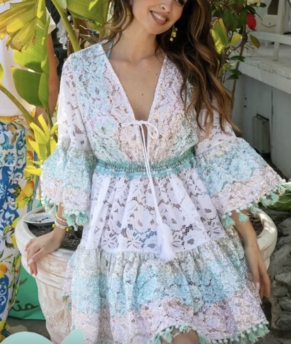 ANTICA SARTORIA 2024 WHITE AQUA TIE FRONT GORGEOUS SEQUINS OS DRESS NWT
