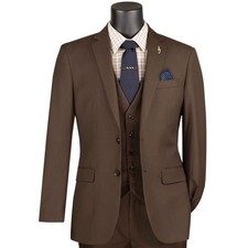 VINCI Men's Brown 3 Piece 2 Button Slim Fit Suit - NEW