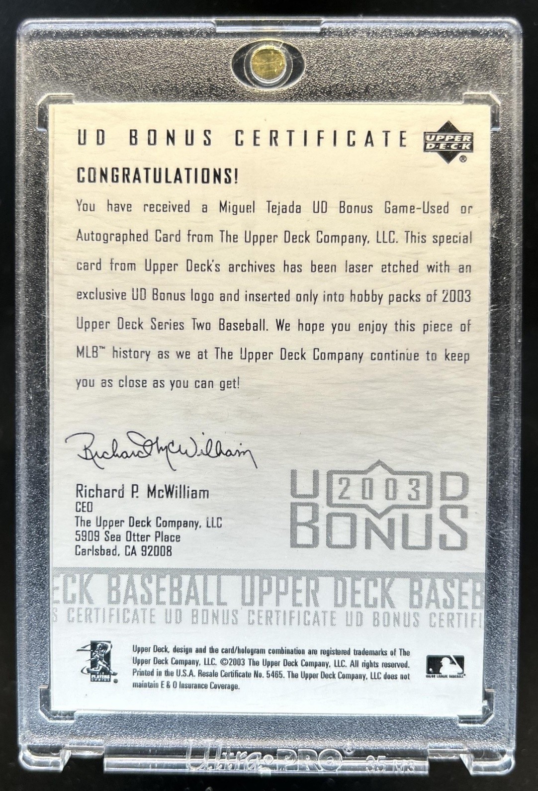 2001 SP Game Used Miguel Tejada 2023 UD Bonus Authentic Fabric Jersey #/22 view 2