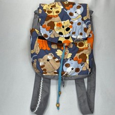 Handmade Canvas Backpack Cat Bird Print Gray Multi Color Rucksack Whimsical Bag