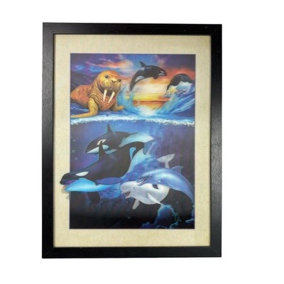 Framed 3D Ocean Animal Lenticular Art Walrus Dolphin Orca Sea Life Wall Decor