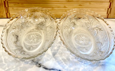 2 Anchor Hocking Sandwich Pattern Glass Scalloped Oval Serving Bowls 8.5''