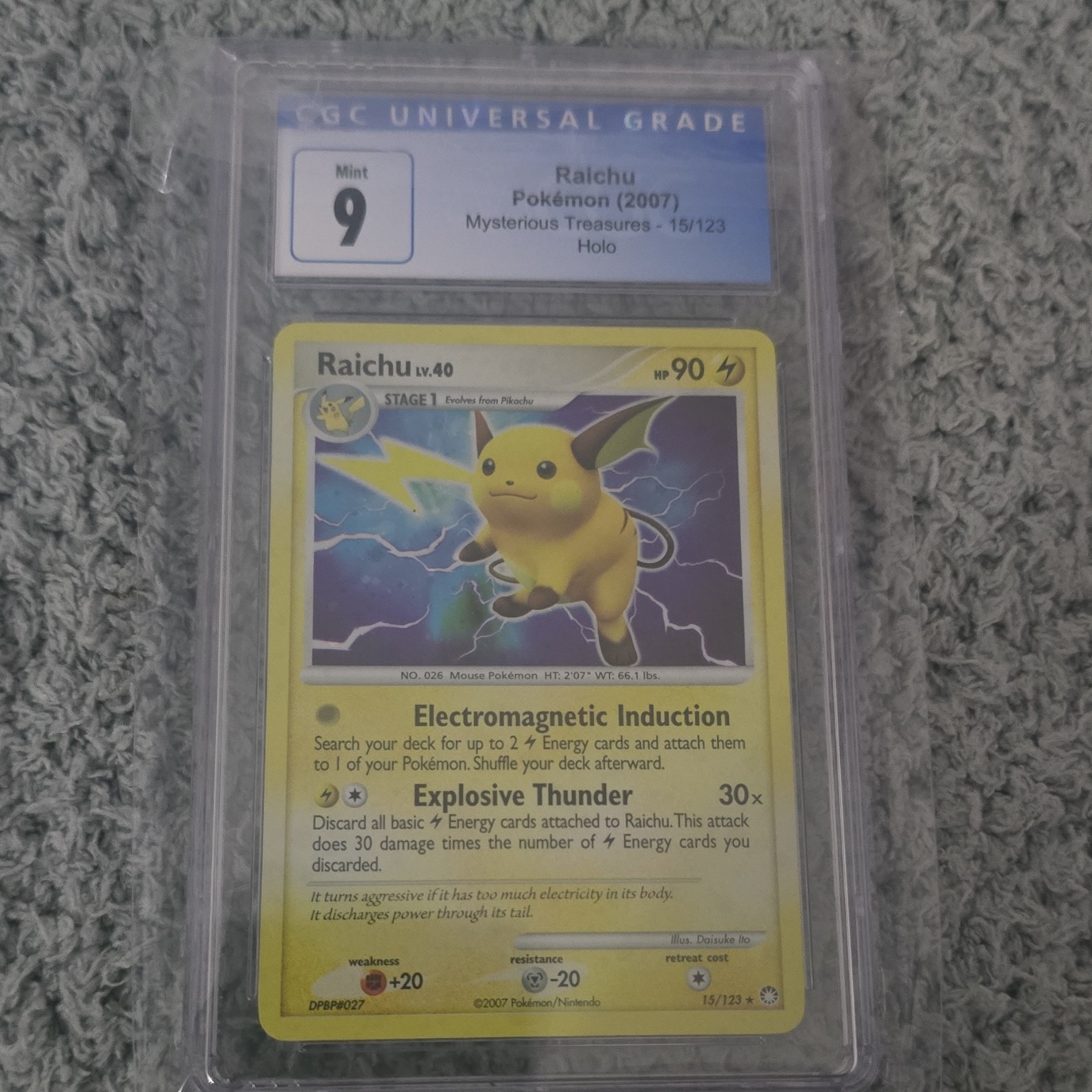 Pokémon Raichu Mysterious Treasures Holo Rare 15/123 CGC 9 2007 Card