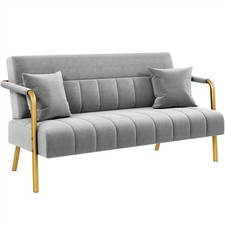Upholstered Sofa Couch with Gold-tone Metal Arms and Legs Small Loveseat Grey