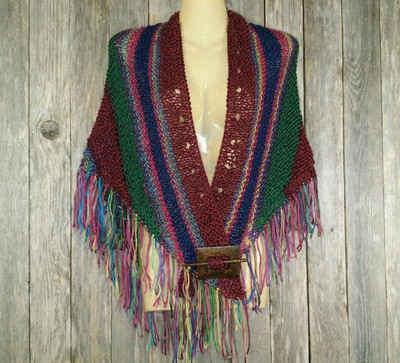 NEW Hand Knitted Shawl Scarf Burgundy Maroon Green Multi Boho Hippie Fringe Knit