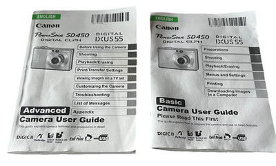 Canon PowerShot SD450 / IXUS 55 Basic and Advanced Camera User Guides / Manuals