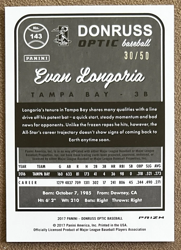 Donruss Optic Carolina Blue Prizm #143 2017 Evan Longoria/50 Tampa Bay Parallel Foto 2 de 2