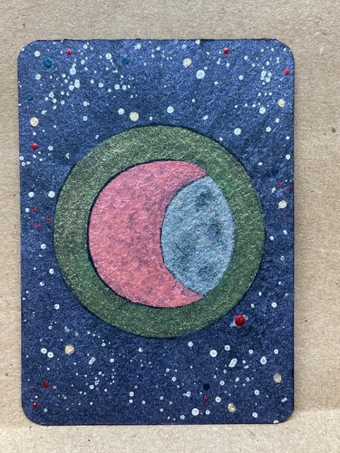Original Watercolor ACEO, Universe, Pink Moon cosmos space night