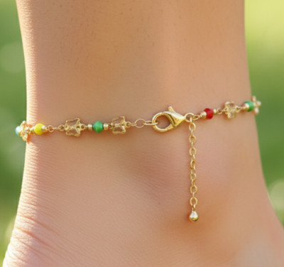 18K Gold Plated Butterfly Beaded Anklet for Women Multi Color Emerald Ruby