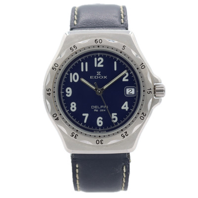 37mm Edox 70080 Delfin 200M Date Men's Quartz Wristwatch Swiss Steel Blue Dial