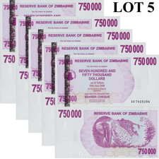 Zimbabwe 750000 Dollars 2007 P 52 UNC 1/20 Bundle Lot 5 pcs NR No Reserve