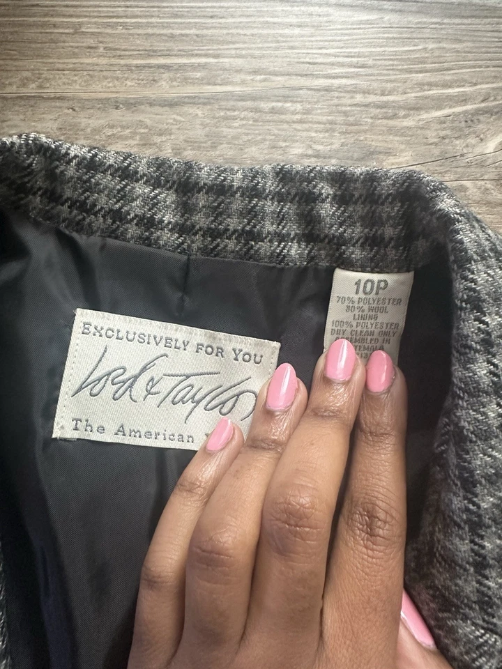 Blazer para mujer vintage Lord & Taylor pequeño a cuadros negro y gris (10) Foto 3 de 4