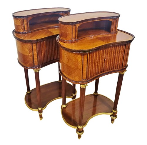 PAIR 19th C FRENCH Louis XVI BRONZE & TAMBOUR Front KIDNEY NIGHTSTAND End Tables