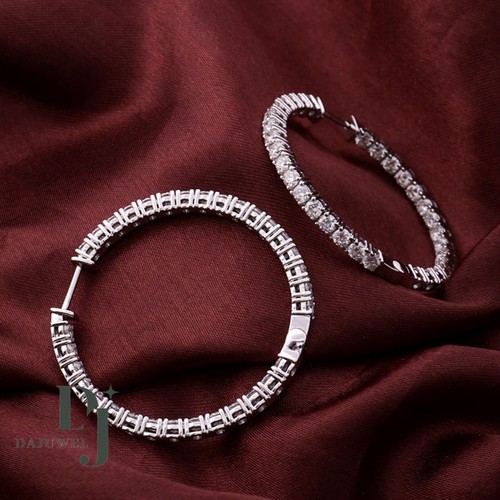 Moissanite Inside Out Hoop Wedding Earrings 3 CT Round Cut Solid 14K White Gold - Picture 3 of 9