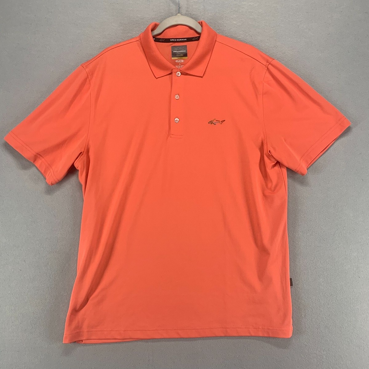Greg Norman Polo Shirt Mens Large Orange Five Iron Play Dry Golf
