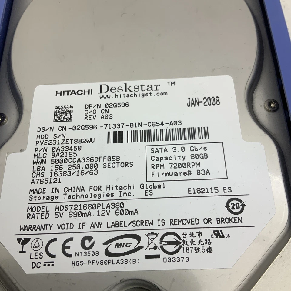 Dell 2G596 Hitachi Deskstar 80GB 7200RPM SATA 3Gbps 8MB Cache 3.5" HDD 32-4 - Image 2 of 4