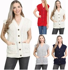 Ladies Waistcoat Sweater Womens Sleeveless Button Cable Knitted Grandad Cardigan