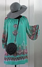 AHTO turquoise boho floral dress bell sleeves shirred neck_size M_GENTLY USED