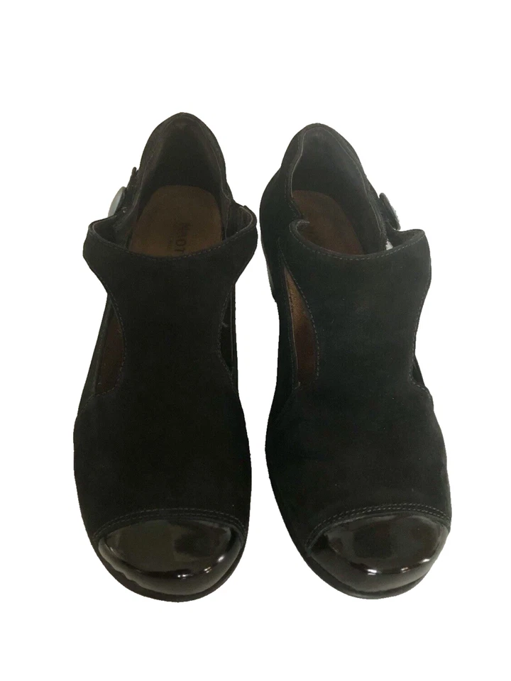 Salto cunha recortado couro camurça preto NAOT EUA 6 EUC - Imagem 3 de 4