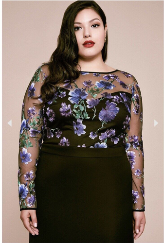 NUEVO CON ETIQUETAS VESTIDO FORMAL DE CREPÉ BORDADO FLORAL TADASHI SHOI TALLA 14 - Imagen 2 de 5