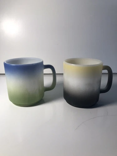 Vintage Ombre Milk Glass Coffee Cup Mug Mid-Century Hazel-Atlas-Style, Pair