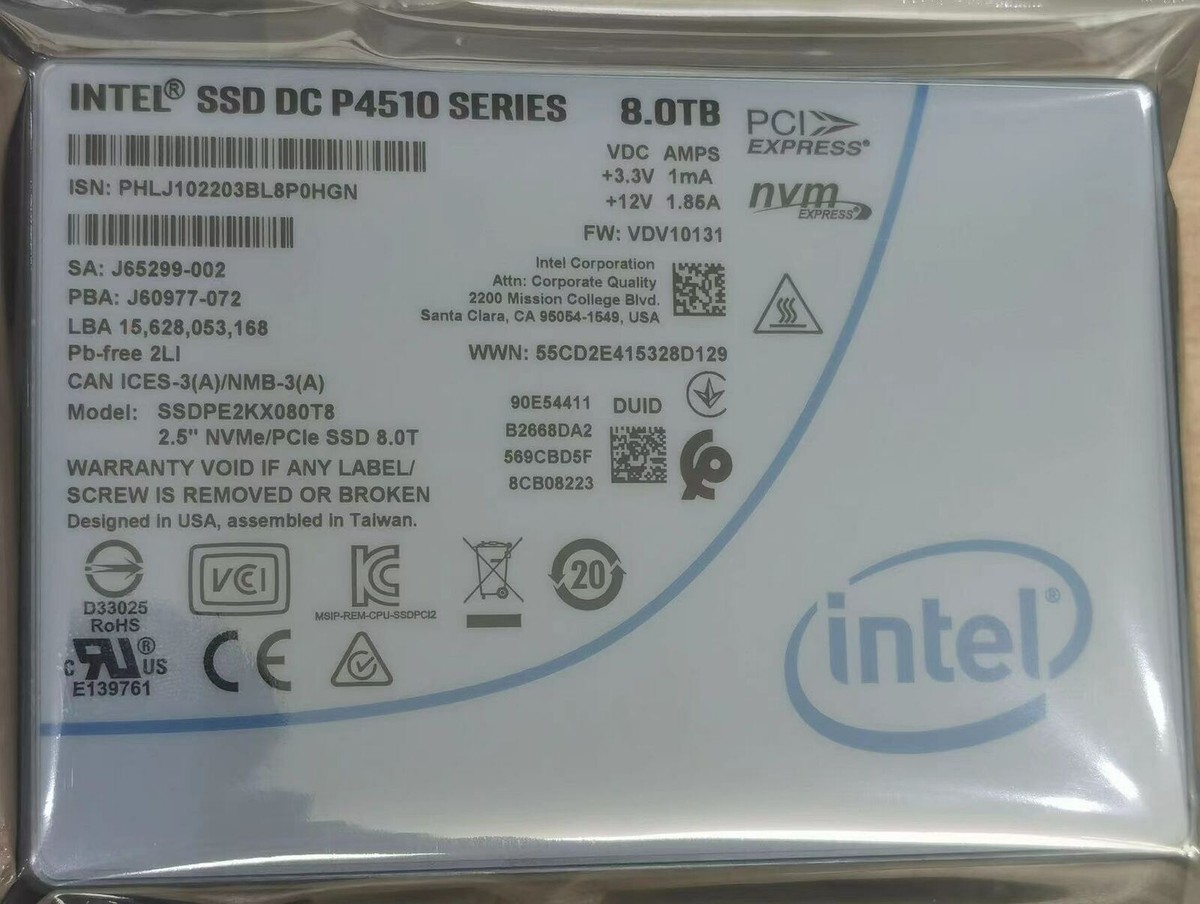 Intel P4510 Series 8TB SSD DC NVME SSDPE2KX080T8 Solid