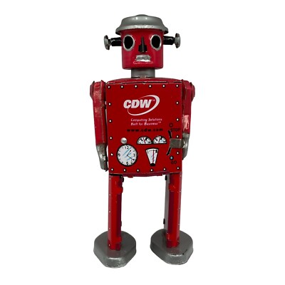 Vintage Schylling CDW Advertising Metal Tin Red Atomic Robot Man Wind Up Toy