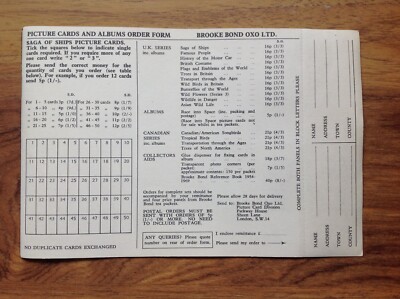 BROOKE BOND UNUSED TEA CARDS  ORDER FORM . Free UK Postage